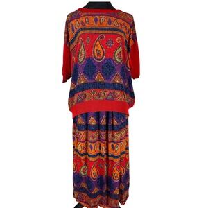 1980's Ms Russ Orange Paisley Print Knit Sweater & Skirt Set Womens XL Made USA